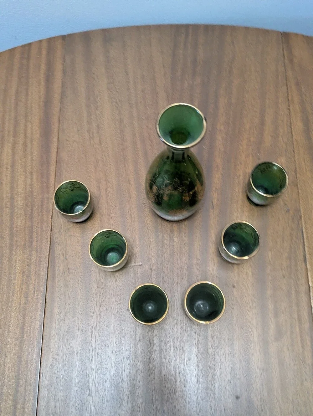 Vintage Murano Glass Decanter Set.  Very Nice Condition.  Emerald Green & Gold.